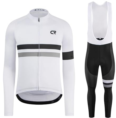 Coconut Ropamo CR Men's Cycling Clothing Sets Long Sleeve Cycling Jersey Zipper Pocket Bike Outfit Bib Pants 3D Padded (White, L)