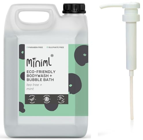 Miniml All Natural Body Wash and Bubble Bath - 5L Refill and 5L Pump - Moisturising Tea Tree and Mint Sensitive Skin Eco Shower Gel Bath Soak - Vegan Friendly Hand, Face & Body High Foam Scrub