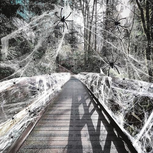 AMLOOPH Halloween Spider Web Decorations, 100 Fake Plastic Spiders And 300g Fake Cobwebs Halloween Decorations Outdoor Indoor, Stretchable Halloween Cobwebs Decoration Cover Up To 1500 Square Feet