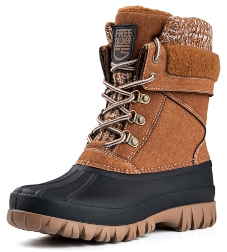 FREE SOLDIER Bottes de neige d'hiver imperméables pour femmes Bottes de canard de mode d'extérieur Isolation confortable, marron, 40 EU