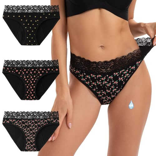 INNERSY Bragas Menstruales Mujer Encaje Braguitas Regla Algodón Ropa Interior Menstruación Pack de 3 (L, 2 Rosa/1 Estrella)
