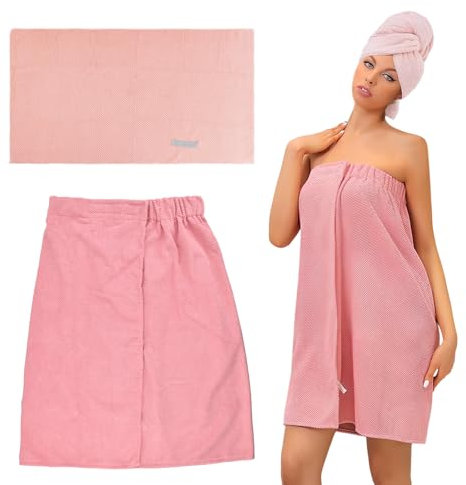 Kioiner Bademantel Damen Saunakilt & Haartuch Sauna Kilt Frauen, Coral Fleece Saunamantel, Druckknopf und Gummizug, Saunatuch Tragbar Badetücher für Dusche, Strand, Schwimmbad (Rosa)