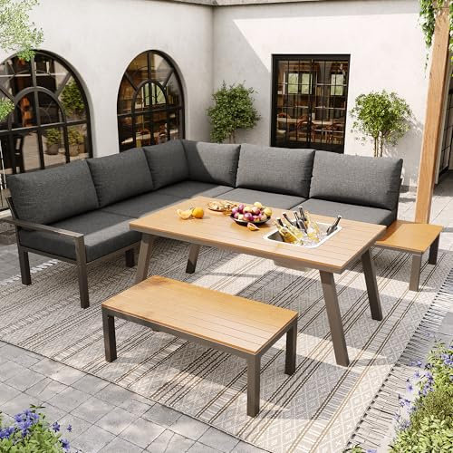 Jaxenor Juego de muebles de jardín de 6 a 7 asientos, muebles de salón para exteriores con cubo de hielo, balcón con estructura de hierro galvanizado, juego de muebles de jardín para terraza, incluye