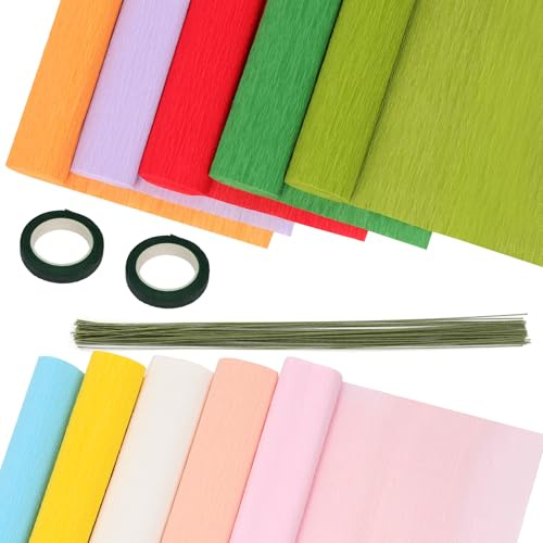 Glarks 10 couleurs large crepe papiers rouleaux kit, inclure 10 rouleaux 9.84in x 8.2ft feuilles de papier crepe, 50 pièces 15.74in fil floral vert, 2 rouleaux de bandes pour l'emballage cadeau