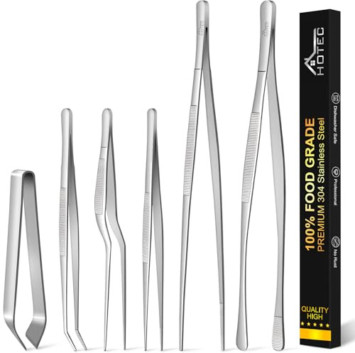 HOTEC Kitchen Tweezers Tongs Stainless Steel, Set of 6 - Professional Cooking Tweezers for Cooking, Chefs, BBQ, Seafood, Baking & Repair