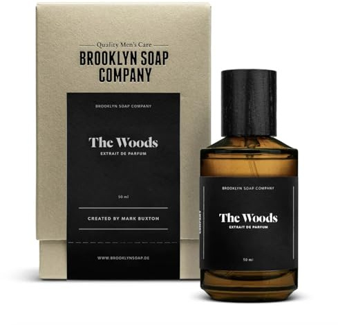 The Woods Extrait de Parfum (50ml) · Brooklyn Soap Company · Intensiv-holziger Herrenduft · Mit Kaschmirholz, Bergamotte, Pfeffer & Muskat · Für ein luxuriöses Dufterlebnis bis zu 12 Stunden