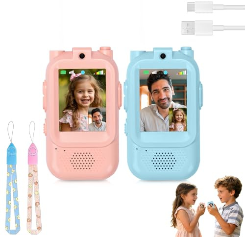 CelestiMingle 2-Pack Walkie Talkies for Kids with Camera, Video Walkie Talkies Rechargeable, Voice Changer & Screen Display, Long Range Indoor Outdoor Toys for Boys & Girls (Pink & Blue) (A)