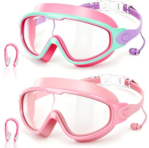 IEEILULU Lunette Piscine Enfant avec Bouchons D'oreilles Anti-Eau Intégrés Et Pince-Nez Offert, Deux Types de Verres Au Choix, Anti-Buée Et Anti-UV, Vision panoramique HD 180°, Cadeau D'été Idéal