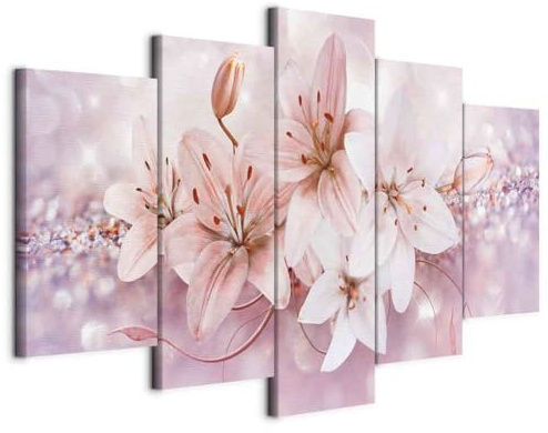 B&D XXL - Quadro Fiori Giglio 200x100 cm 5 Pezzi - Stampa su tela - Quadri Componibili Moderni Camera da Letto Matrimoniale - Decorazione da parete - Astratto Natura Fiore Rosa b-A-0297-b-p