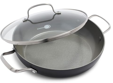 Greenpan Chatham Hårdanodiserad hälsosam keramisk nonstick, 28 cm stekpanna för daglig stekpanna med 2 handtag och lock, PFAS-fri, diskmaskinssäker, ugnssäker, grå