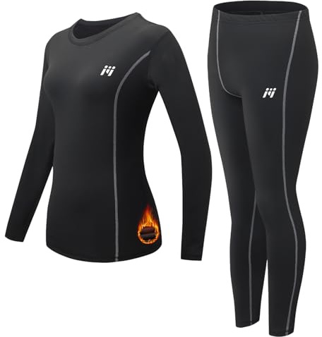 MeetHoo Ensemble de sous-vêtements Thermiques Femme Baselayer, Manches Longues, Haut Maillot de Corps + Pantalon Bas Hiver Ski Sport, Noir, M
