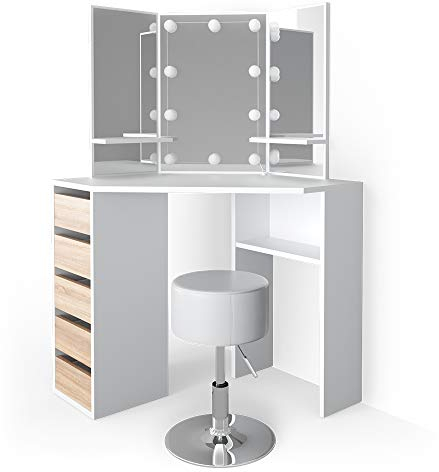 Vicco Frisiertisch für die Ecke Arielle, Weiß/Sonoma/Sonoma, 110 cm mit LED Beleuchtung und Hocker