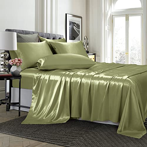 TREELY Satin Bed Sheets 6 Piece,Hotel Luxury Silky Queen Sheet Set with Deep Pocket, Fitted Sheet - Olive Green Queen Size Satin Sheets,1 Flat Sheet,4 Satin Pillowcase - Soft and Breathable