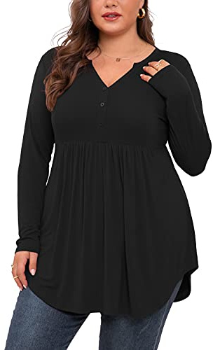 SHIJIALI Women's Plus Size Henley Shirts V Neck Button Tunic Tops Casual Long Sleeve Swing Flowy Blouse, Long Sleeve Black, XXL Plus