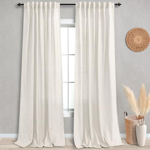 KOUFALL 2 Panel Set Linen Sheer Curtains 96 Inches Long for Sliding Glass Door Window Treatments Drapes Living Room,Off White Ivory Cream,8 FT 52x96 Length, Natural