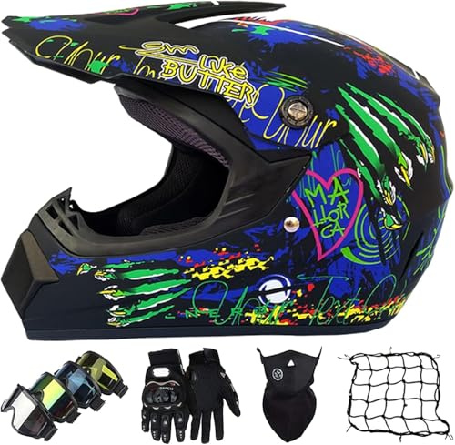 Casque Motocross, Casque Moto Homme Set, Casque Moto Enfant avec Gants/Lunettes/Masques/Filet de Casque, Casque Moto Cross pour BMX MTB Quad Bike Enduro ATV Scooter (Pink S-XL, 52-59CM)