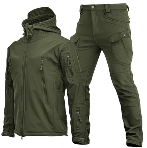 RVUEM Giacca Tattica, Giacche da Caccia Softshell, Uniforme Mimetica Impermeabile dell'Esercito, Tuta Mimetica Militare, Giacca E Pantaloni Tattici da Uomo, Impermeabile, Leggero,Verde,M