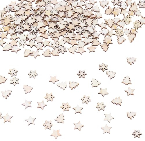 VIKY® Lot de 300 décorations de Noël en bois pour bricolage, décoration de table, flocons de neige, décoration de Noël, décoration de Noël, bricolage pour bricolage, artisanat, anniversaire,