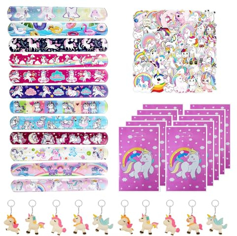 Oirigaga Mitgebsel Kindergeburtstag Mitbringsel Set, 82pcs Einhorn Gastgeschenke mit Geschenktüten Schnapparmbänder Schlüsselanhänger Aufkleber, Geburtstag Party Kleine Geschenke Give Aways Mädchen