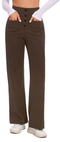 Desol Pantalones de tela para mujer, pierna ancha, cintura alta, pantalones de negocios para mujer, tira de botones, pantalones palazzo elásticos con varios bolsillos, marrón, M