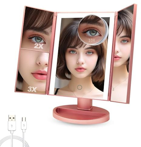 BEAUTYVIEW Makeup Vanity Mirror with Lights, 2X 3X 10X Magnification, Portable HD Lighted Cosmetic Mirror, LED Trifold Mirror, Touch Screen Light Control, Illuminated Makeup Mirror (Rose Gold)