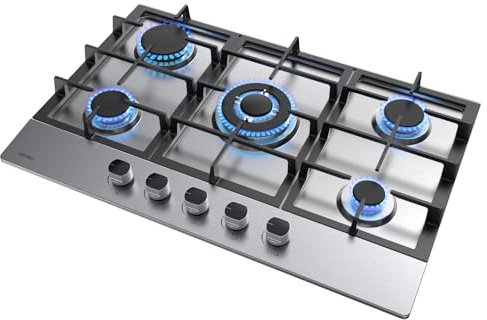 Hermitlux Piano Cottura a Gas 5 Fuochi 76cm, per Gas Naturale/Propano, Sicurezza Tramite termocoppia, Acciaio Inossidabile