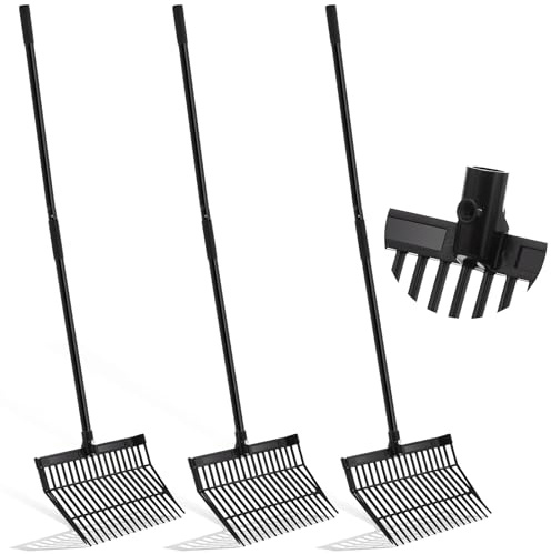 Lasnten 3 Sets Manure Fork with Long Metal Handle Pitch Fork Manure Rake Heavy Duty Muck Rake for Gardening Horse Stall Stable Grass Hay Cleaning Farm Work(Black)