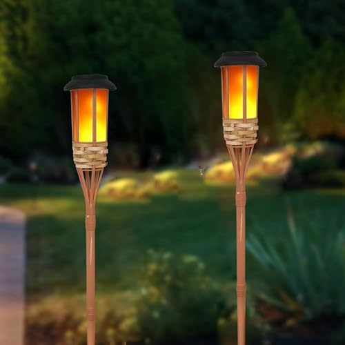SUAVER Solar Lights Outdoor Garden Bamboo Flame Torch Lamp,Waterproof Solar Flickering Dancing Flame Lights Garden Ornament Outdoor Stake Lights for Yard Patio Pathway Decorations (2PCS)