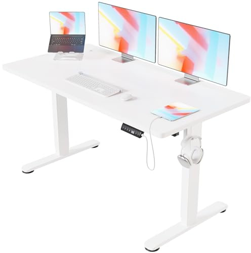 Devoko Escritorio Elevable Eléctrico 140 * 70cm Mesa para Computadora Ajustable en Altura con Bandeja de Gestión de Cables y Memoria de 3 Funciones,con Tecnología Anticolisión Blanco