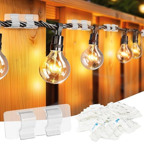 Dazzle Bright Hooks for Outdoor String Lights Clips, 30Pcs Heavy Duty Cable Clips Waterproof Adhesive Strips for Hanging Christmas Light, Outside UV-Resistant Clear Sticky Cord Holders Rope Organizer