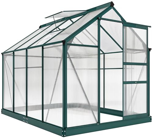 Outsunny Serra da Giardino in Policarbonato con Telaio in Lega di Alluminio 4.79㎡, Serra per Orto con Grondaie, Finestra a Tetto per Ventilazione, Porta Scorrevole, per Piante, 190x252x201cm, Verde