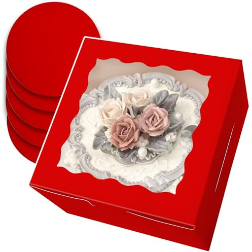 Gcardist Lot de 5 boîtes à gâteau rouges de 20,3 x 12,7 cm avec fenêtre et 5 planches rondes rouges de 20,3 cm, récipients à gâteau de 20,3 cm (20,3 x 20,3 x 12,7 cm)