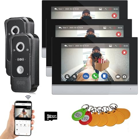 Sistema de intercomunicación de vídeo con cable Tuya WiFi 7 pulgadas de pantalla táctil 1080P Timbre de la puerta inteligente Tuya APP Kit de intercomunicación (2 Timbre+3 Monitor)