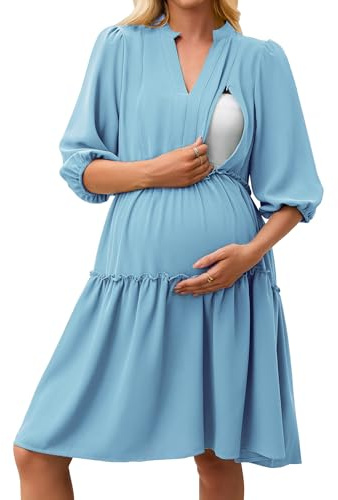 Angashion Women's Maternity Nursing Dress: Hidden Zipper Breastfeeding Dress with Pockets Light Blue Medium
