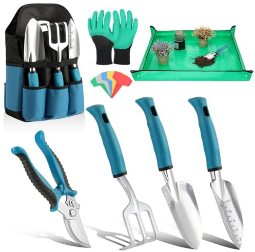 Housolution Juego de Herramientas de Jardín,8 PCS,Kit de Herramientas de Mano de Jardinería, Suministros de Jardinería de Aleación de Aluminio Resistente con Mango,Bolsa de Almacenamiento,Azul+Negro