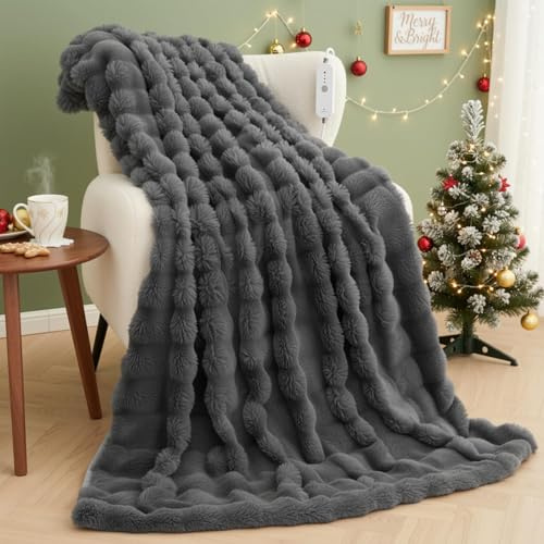 Värmefilt Elektriskt Plagg 130x180cm, Bunny Fleece & Flanell, 4 Värmenivåer & Auto-Av 10T, Maskintvättbar Snabbvärmande Värmefilt för Säng Sofa Kontor (Mörkgrå)