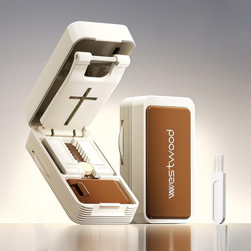 MidingChai Réglable Coupe Comprimé, pour Couper et Écraser Petits et Gros Cachets, 2 en 1avec Portable Coupe Medicaments avec Compartiment de Rangement et Brosse(Blanc Marron)