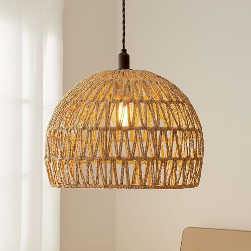 Handmade Jute Rope Lampshade 28cm x 18cm E27 Fitting Natural Woven Boho Pendant Light Shade for Ceiling Living Room Bedroom Kitchen Restaurant（The Upgraded Version Comes with a regulating Ring）
