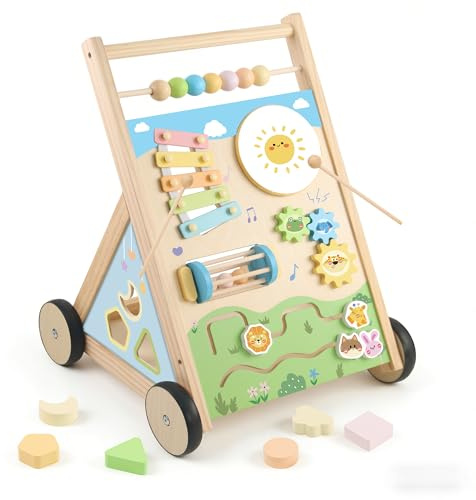Ranqibo Wooden Baby Walker, Baby Walker with Wheels, Includes Montessori Sensory Toys and Activity Center, 6-18 Months for Boys and Girls