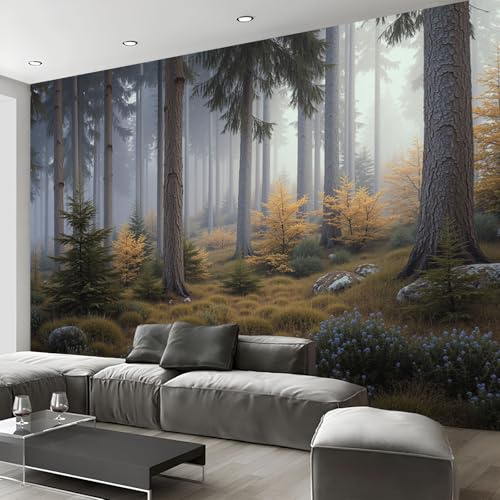 Papel Tapiz Fotográfico 3D Bosque Brumoso Otoñal Mural Amarillo-Marrón Paisaje Natural Fotomurales Para Habitación Infantil Salon Dormitorio Oficina Murales Decorativos Pared 200X140Cm