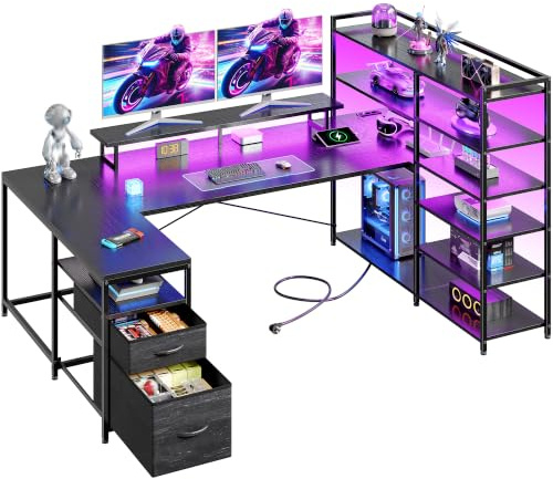 Klyvvo 160x100 cm Forme U Bureau Gaming avec LED pour Homeoffice | Réversible Bureau d’Angle avec Rangement 2 Tiroirs, 6 Étagères, Support de moniteu, USB intégrée et Courant, Noir