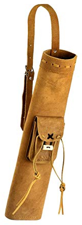 elToro Rückenköcher Bone 1 – edler Rückenköcher aus honigbraunem Wildleder – mit Echtknochenverzierung & Tasche – handgestickt, 52 cm, traditioneller Pfeilköcher für Bogenschießen