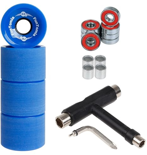 FunTomia 4 Stück Longboard/Skateboard Rollen (Big Wheels) in 70x51mm 80A oder 86A inkl. ABEC-9 Kugellager, Metall Spacer und T-Tool
