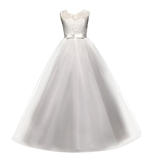 IBTOM CASTLE Girls' Lace Tulle Wedding Flower Girl Bridesmaid Dresses Party Formal Occasion Dress White 14-15 Years