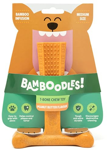 Bamboodles T-Bone Dog Chew Toy – Medium | Peanut Butter Flavour | Long Lasting Natural Chew Stick for Medium Dogs | Durable and Safe Dog Chew for Daily Gnawing Fun