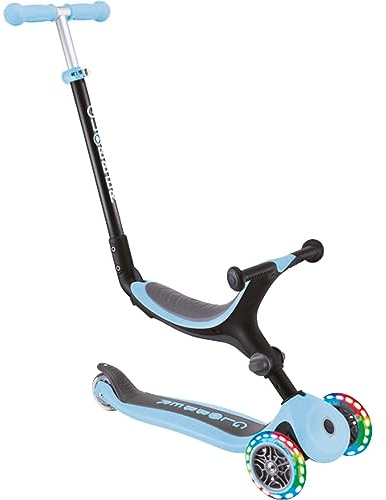 GLOBBER GO-UP Foldable Lights – 3 in 1 Dreirad, 120/80 mm, ABEC 5, 3-rädrig, höhenverstellbar, LED-Rollen, Pastellblau