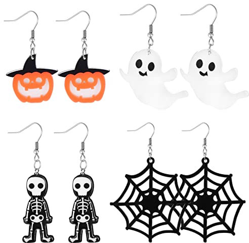 4 Paar Halloween Dangle Earrings Spinnennetz Kürbis Geist Fledermaus Boo Mädchen Ohrringe