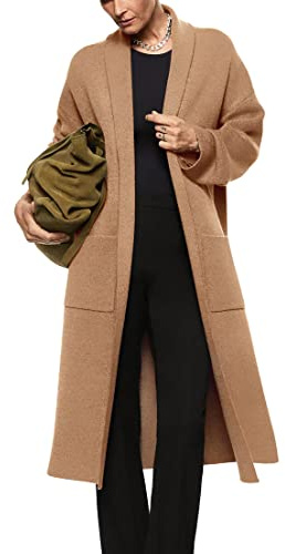 Womens Long Sleeve Maxi Cardigan Open Front Oversized Knitted Sweater Coat Casual Lapel Warm Overcoat with Pockets Camel