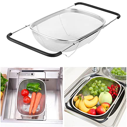 Jissta Passoire inox,laver et égoutter au-dessus de l'évier,passoire de 6 litres avec panier à tamis fin et entonnoir extensible,passoire pliable pour filtrer,égoutter et laver les fruits et légumes