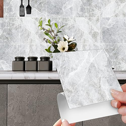 HLWDXno1 Grey Marble Tile Stickers for Bathroom and Kitchen Waterproof Vinyl Self Adhesive Wall Tiles Backsplash Stick on Tiles Peel and Stick Wall Tiles for Home Decor - 20x20cm(12pcs)